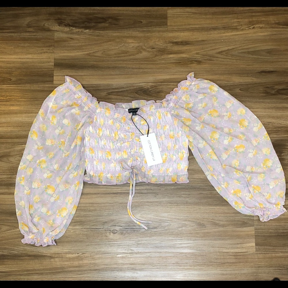 Cotton Candy L.A Floral Lavender Crop Cinched Blouse | Small